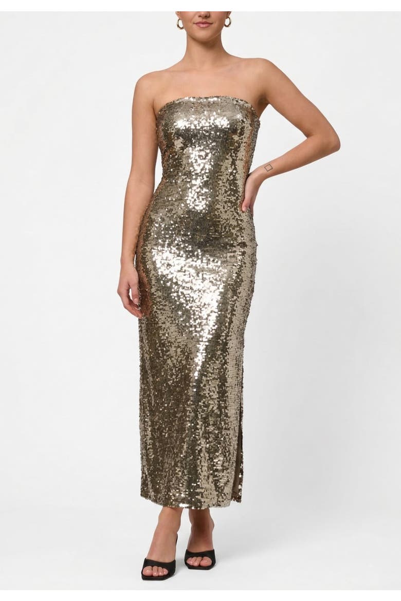 Yuri Strapless Sequin Midi Dress, Main, color, Silver