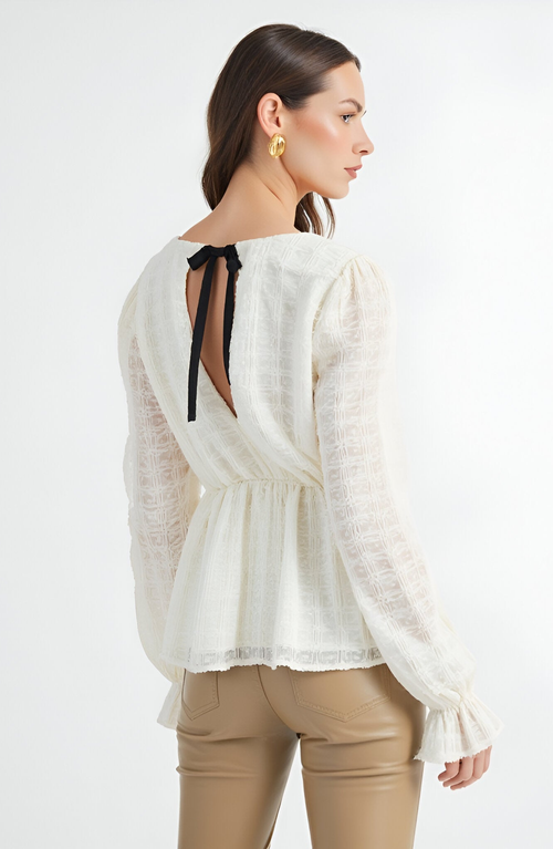 Modenaire Textured Long Sleeve Blouse With Peplum Hem And Back Bow Tie In White