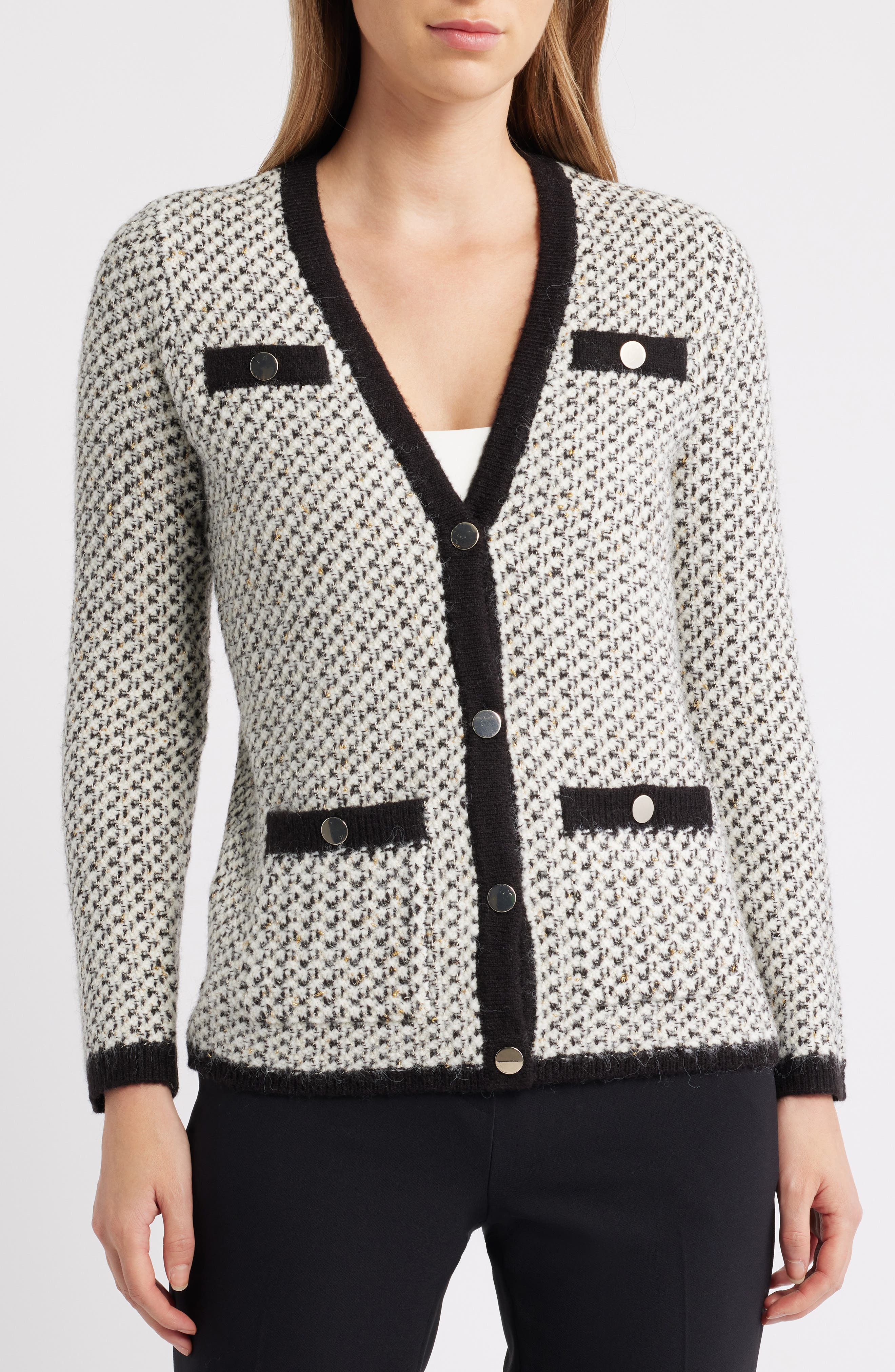 Anne Klein Contrast Trim Tweed Cardigan in Alabaster Multi 