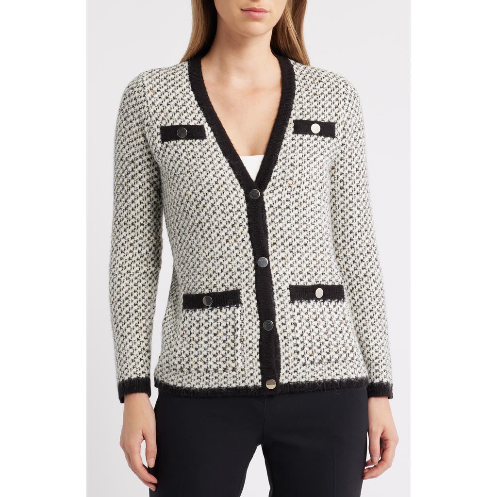 Anne Klein Contrast Trim Tweed Cardigan In Gray