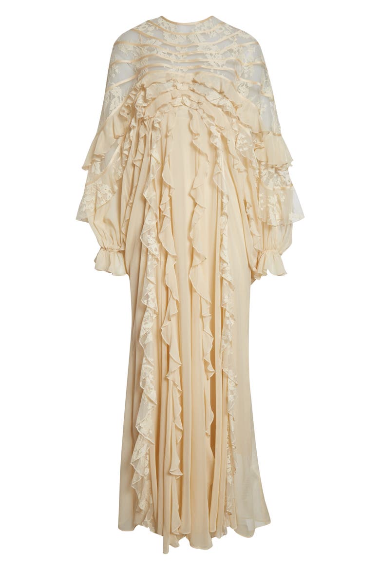 Rebellion Splice Long Sleeve Lace Ruffle Silk Maxi Dress, Alternate, color, CREAM