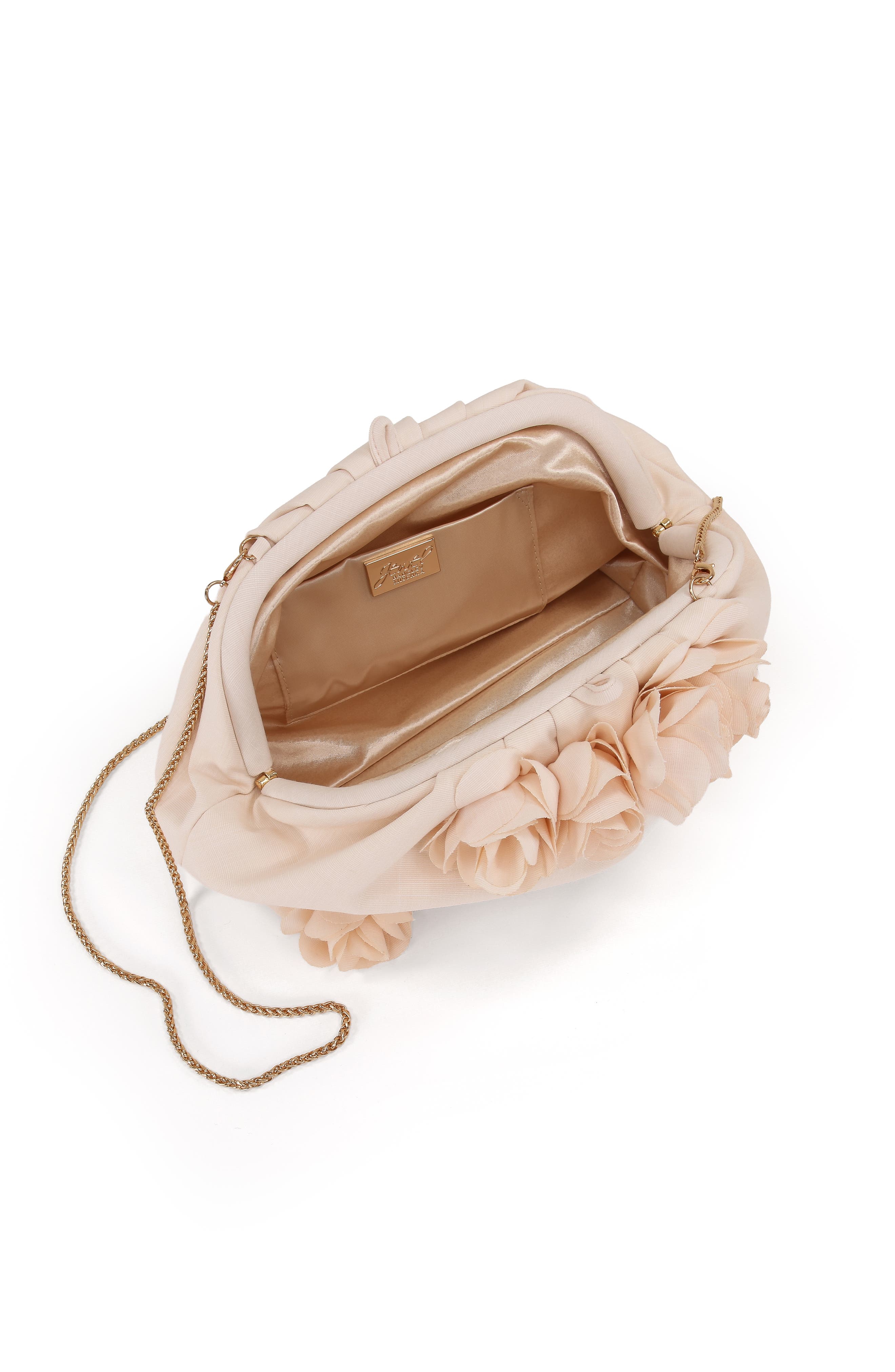 Violet Jacquard Satin Floral Applique Pouch Clutch, Alternate, color, Peach Pearl