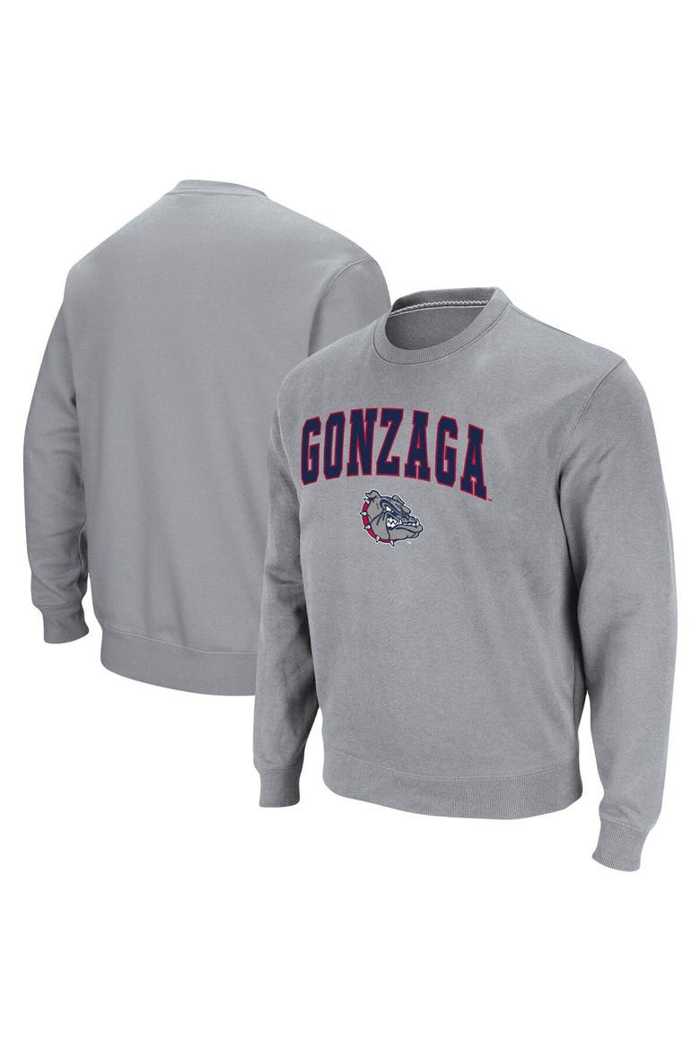 Men's Colosseum Heathered Gray Gonzaga Bulldogs Arch & Logo Tackle Twill Pullover Sweatshirt, Main, color, Heather Gray