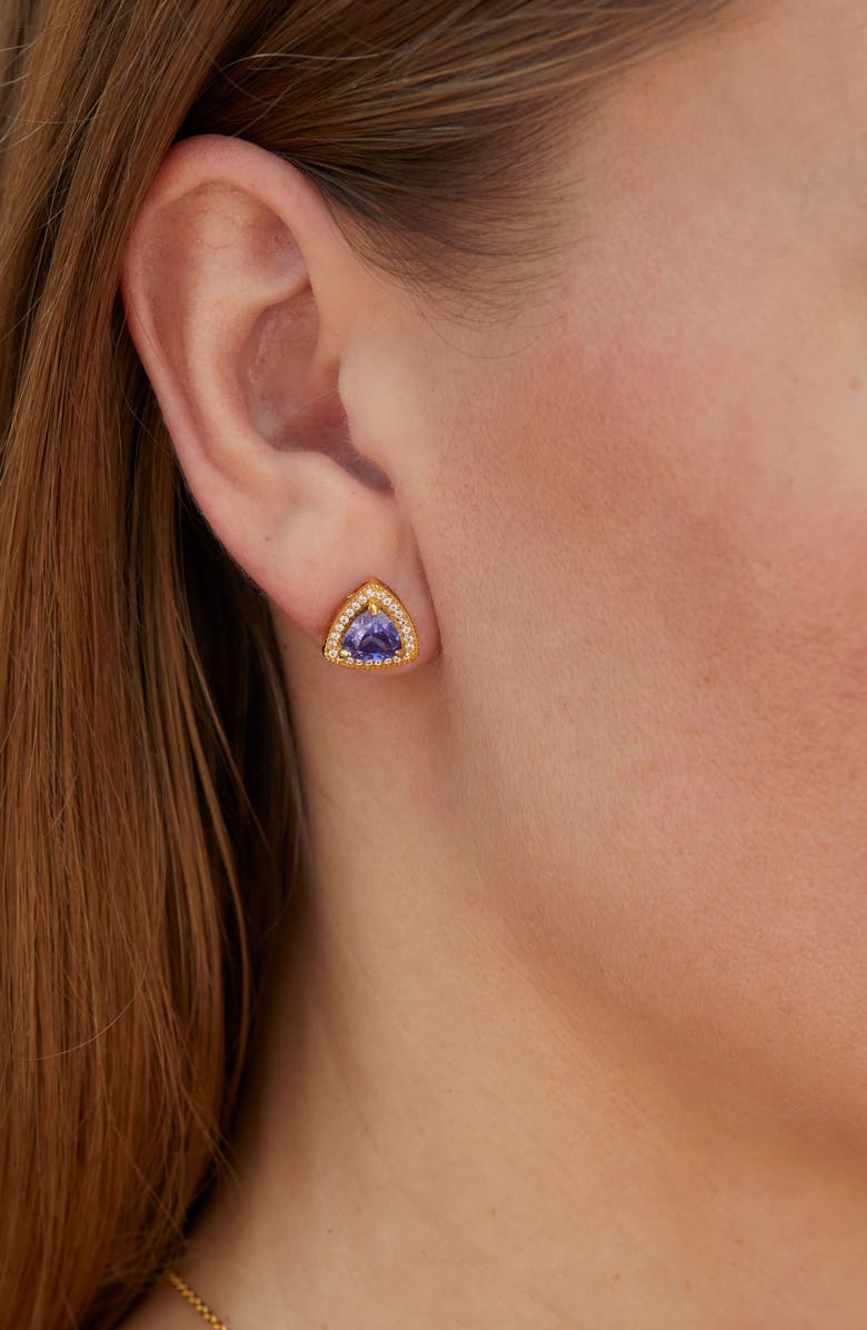 SAVVY CIE JEWELS Gold Vermeil Sterling Silver Trillion Tanzanite & CZ Triangle Stud Earrings, Alternate, color, 