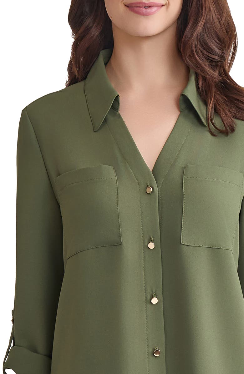 Jones New York Roll Tab Sleeve Button-Up Shirt, Alternate, color, Jasper Green