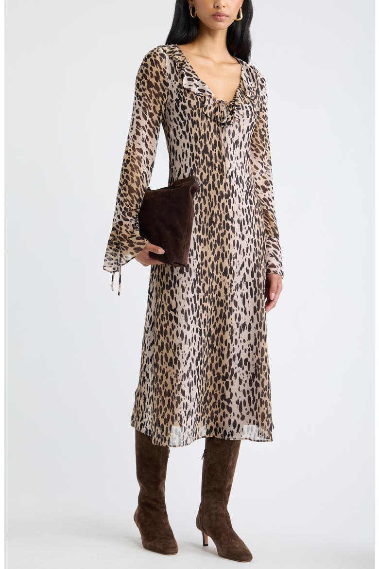 Ruffled Chiffon Dress, Alternate, color, TAN BROWN C LEOPARD SPOT