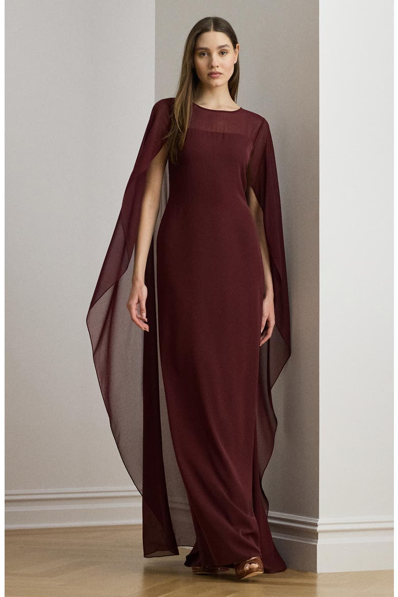Sheer Cape Georgette Column Gown, Alternate, color, DARK GARNET