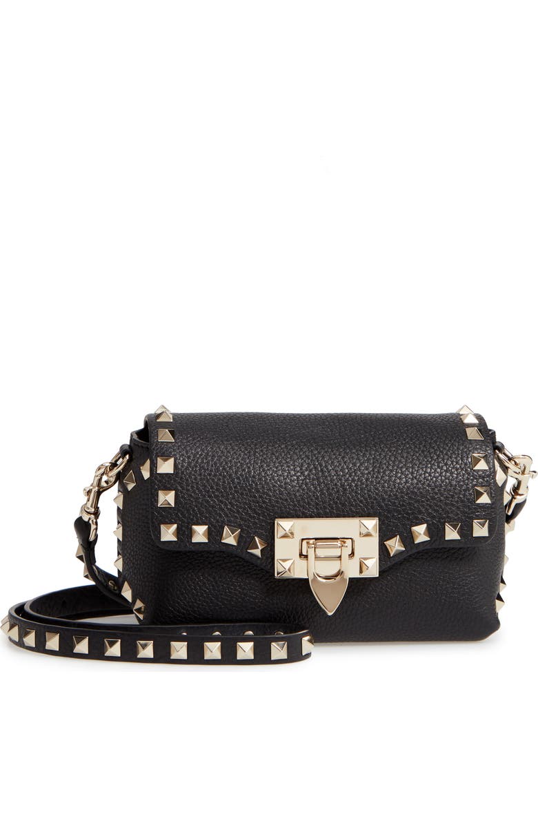 Valentino Garavani Rockstud Mini Calfskin Leather Crossbody Bag, Main, color,