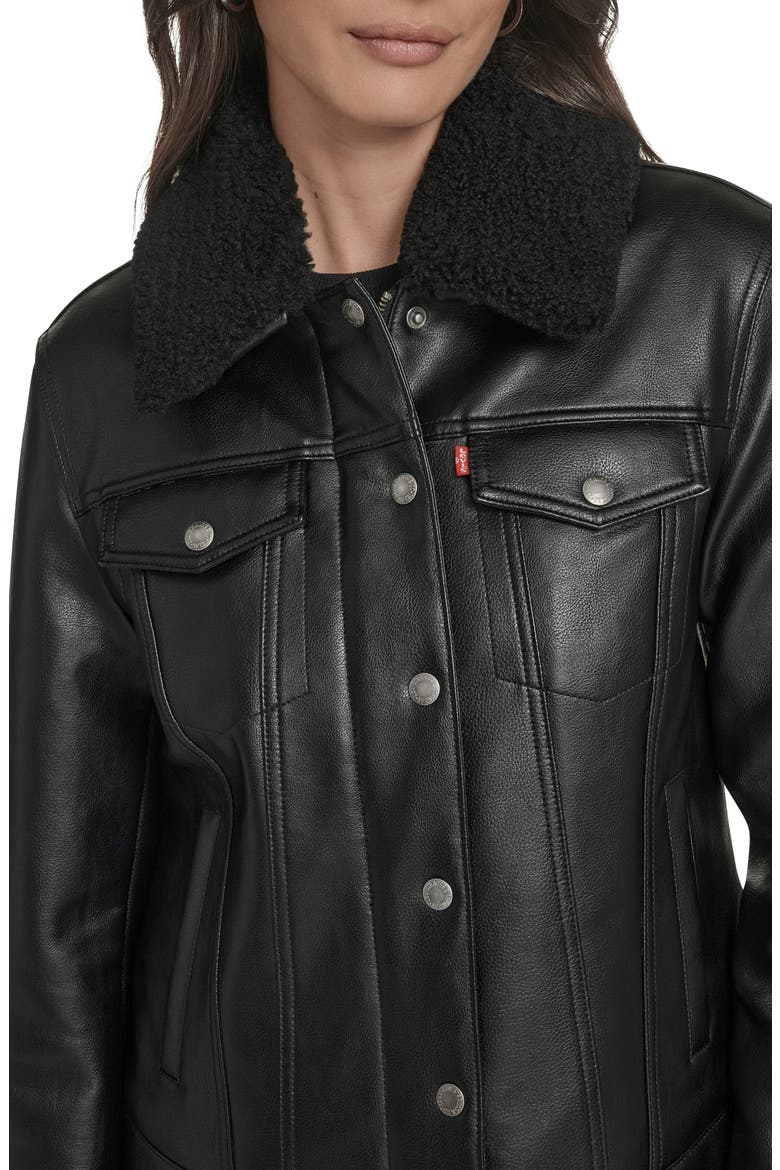 Faux Leather Trucker Jacket, Alternate, color, BLACK
