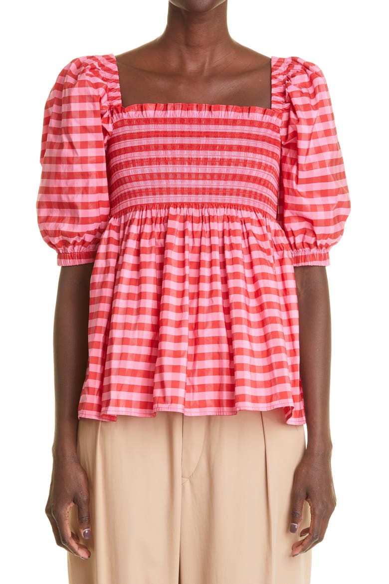 Women's Axel Gingham Smocked Taffeta Top, Main, color, PINK/ RED