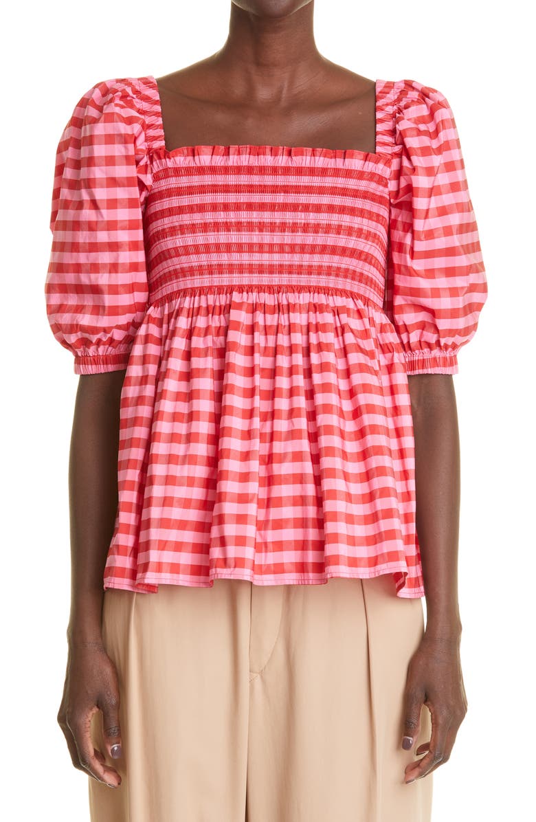 Molly Goddard Women's Axel Gingham Smocked Taffeta Top, Main, color,