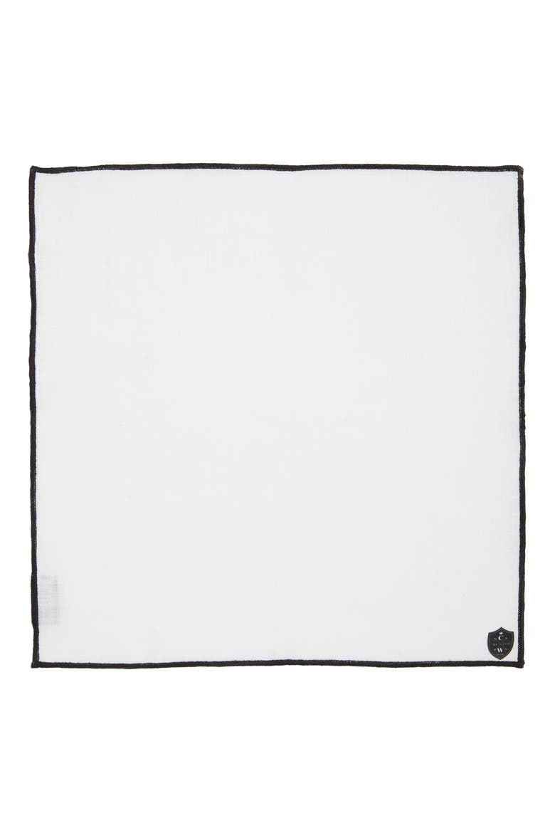 White Linen Pocket Square with Black Trim, Alternate, color, BLACK