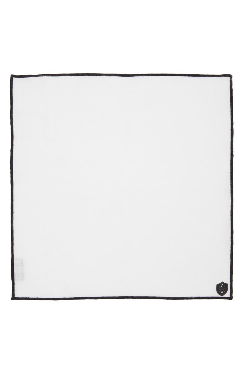 CLIFTON WILSON White Linen Pocket Square with Black Trim, Alternate, color, Black