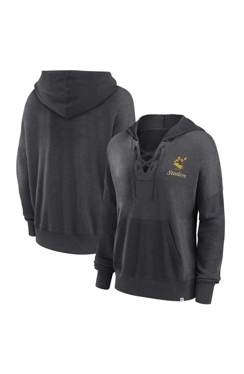 FANATICS Women's Fanatics Branded Heather Charcoal Pittsburgh Steelers Heritage Snow Wash French Terry Lace-Up Pullover Hoodie, Main, color, 