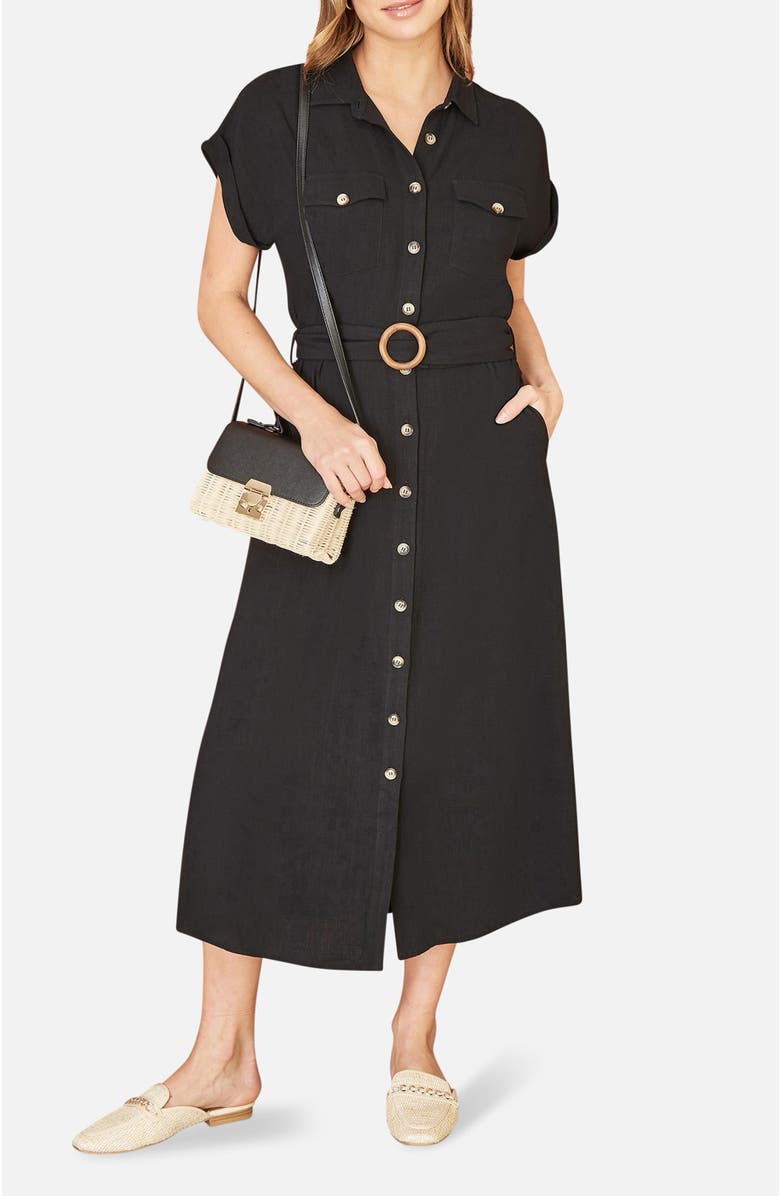 Yumi Viscose Linen Look Midi Shirt Dress, Alternate, color, Black
