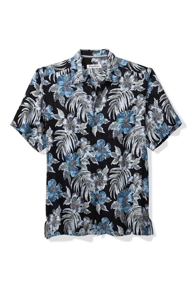 Ravello Floral Short Sleeve Silk Button-Up Shirt, Main, color, MATTE BLACK