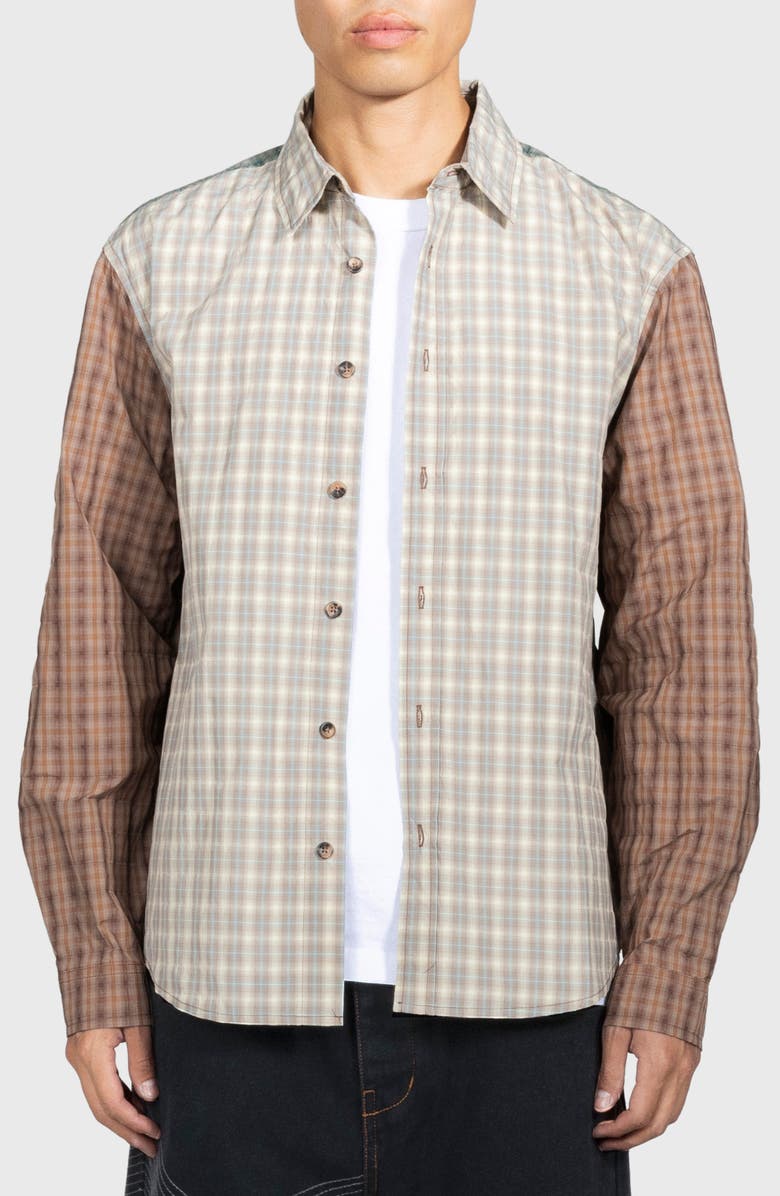 PLEASURES Dazed Mismatched Plaid Button-Up Shirt, Main, color, Multi