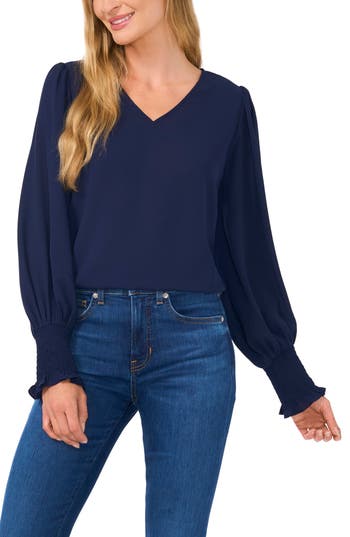 Shop Cece Smocked Cuff V-neck Top In Classic Navy Blue