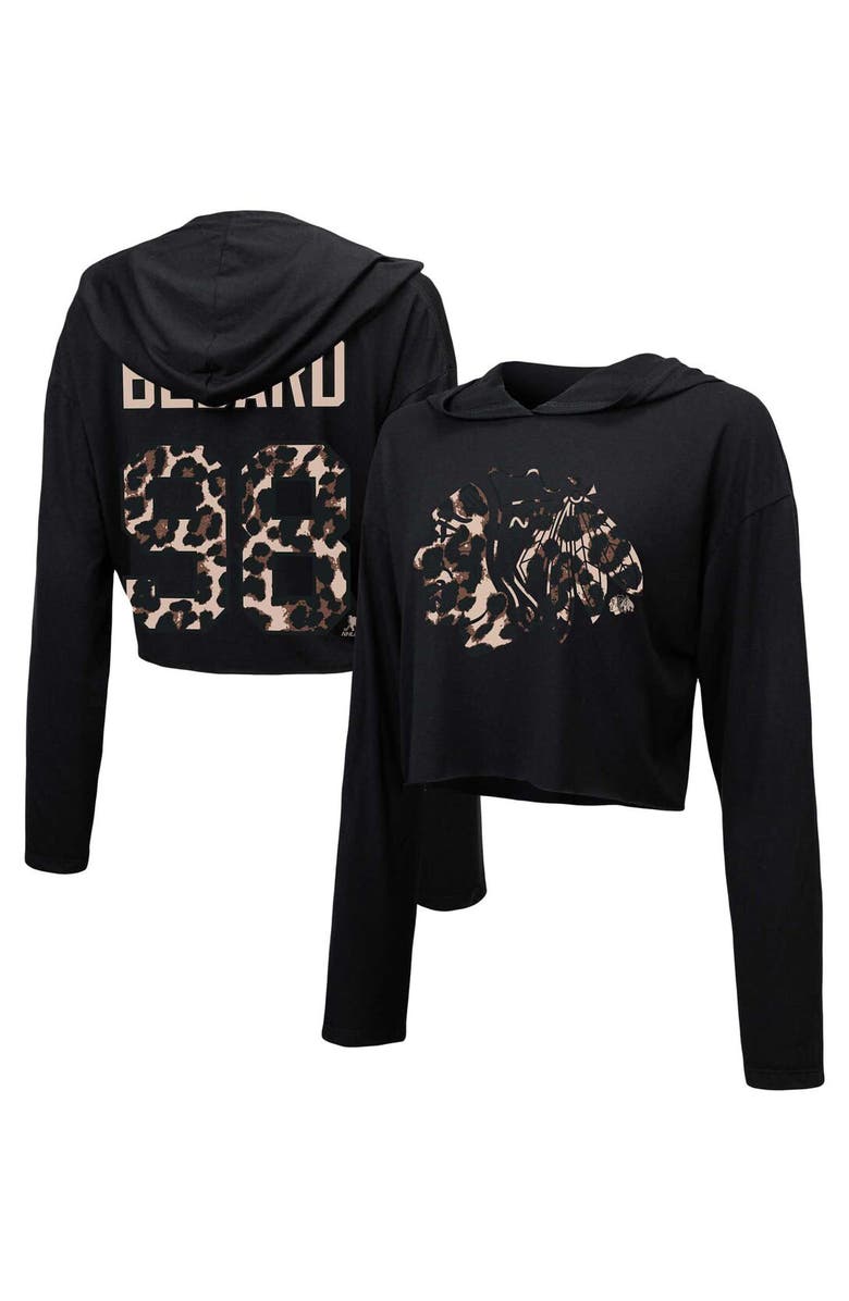 Majestic Threads Women's Majestic Threads Connor Bedard Black Chicago Blackhawks Leopard Print Name & Number Cropped Pullover Hoodie, Main, color, 