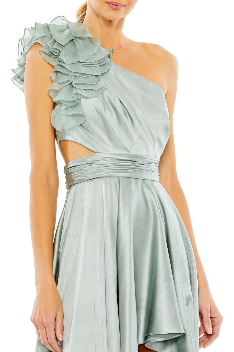 Ruffled One Shoulder Cut Out Hi-Lo Gown, Alternate, color, SAGE