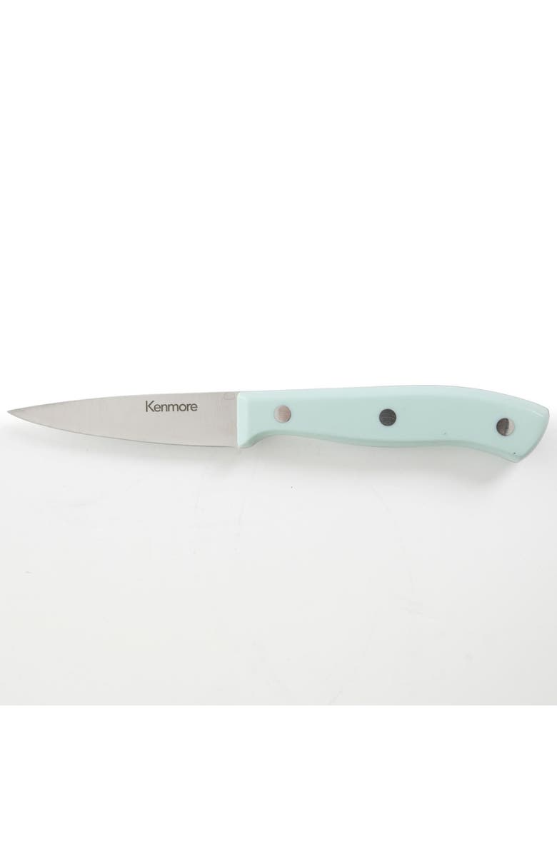 Kenmore Kane 14 Piece Stainless Steel Cutlery Set in Glacier with Rubber Wood Block, Alternate, color, Glacier Blue