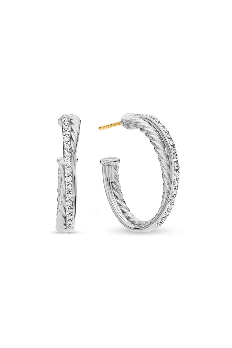 Crossover Medium Hoop Earrings with Diamonds, Main, color, SILVER/ DIAMOND