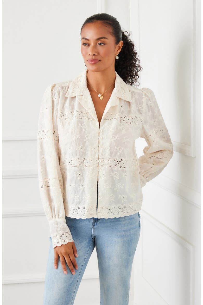 Eyelet Embroidery Button-Up Shirt, Alternate, color, CREAM
