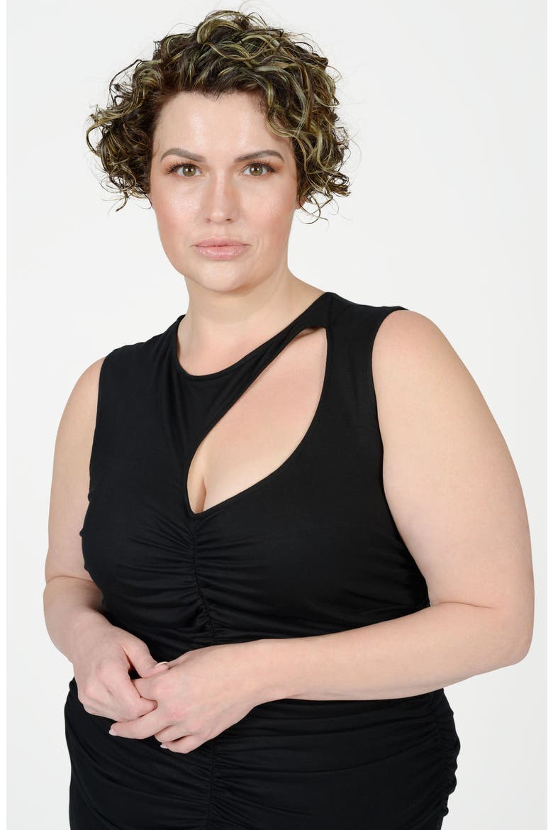 Sarah Cutout Asymmetric Shirred Dress, Alternate, color, BLACK