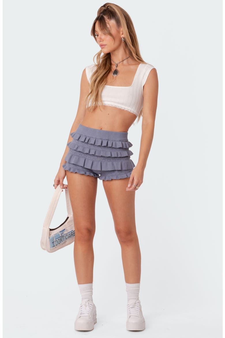 Lindsay Tiered Ruffle Cotton Knit Shorts, Alternate, color, BLUE