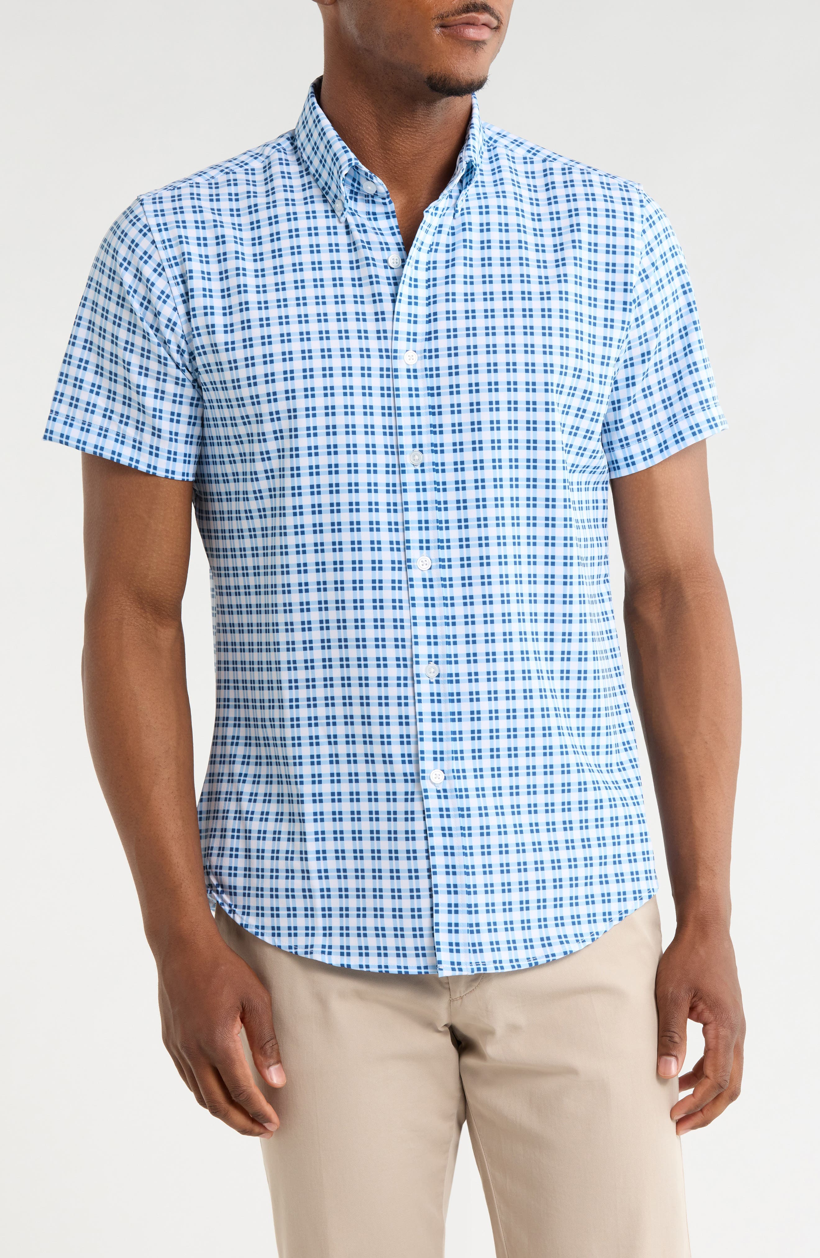 DENIM AND FLOWER Plaid Short Sleeve Stretch Button-Down Shirt