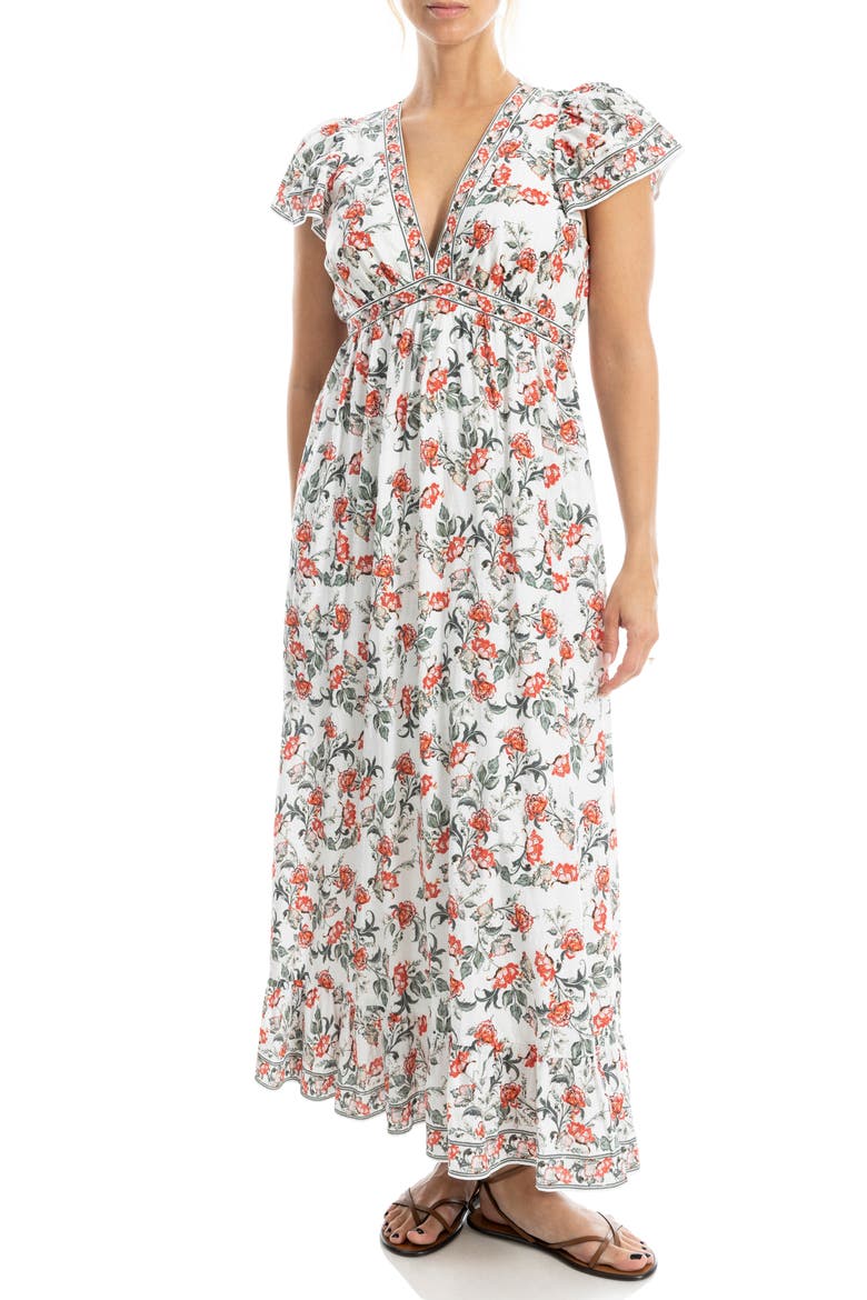 Floral Flutter Sleeve Maxi Dress, Alternate, color, CRMRDPBL-CREAM/RED PASSION BLOOMS