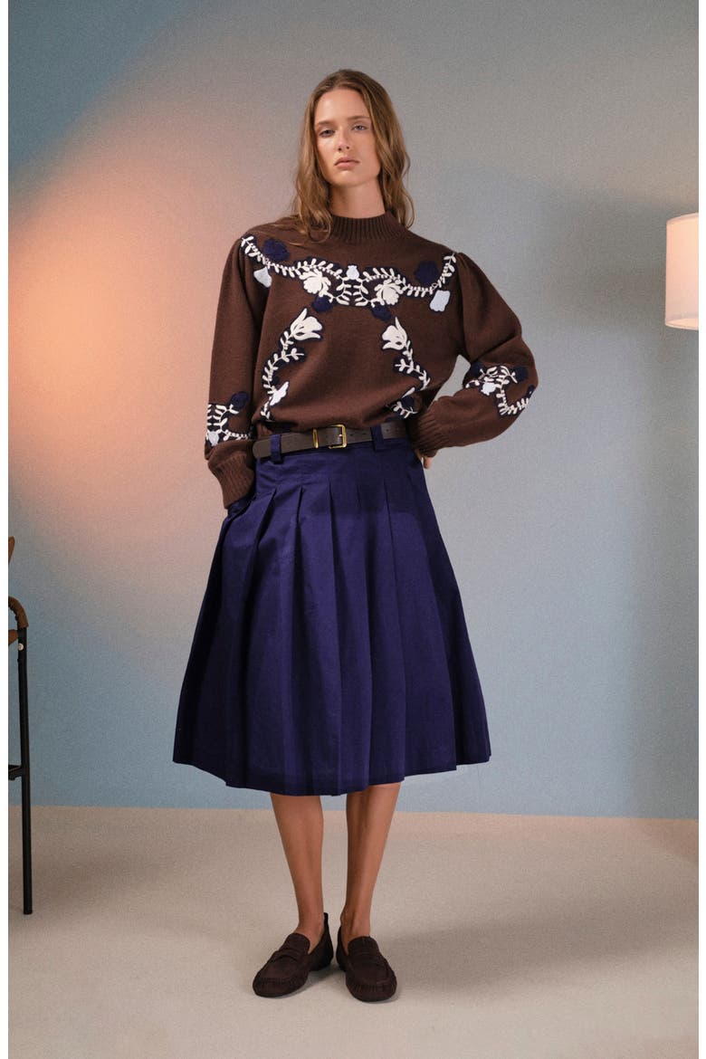 Pleated Cotton Midi Skirt, Alternate, color, NAVY