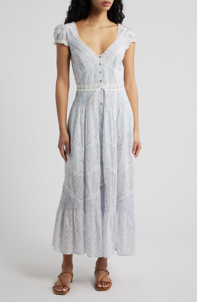LoveShackFancy Aurela Lace Trim Pintuck Tiered Maxi Dress, Main, color, Chapparal Blue