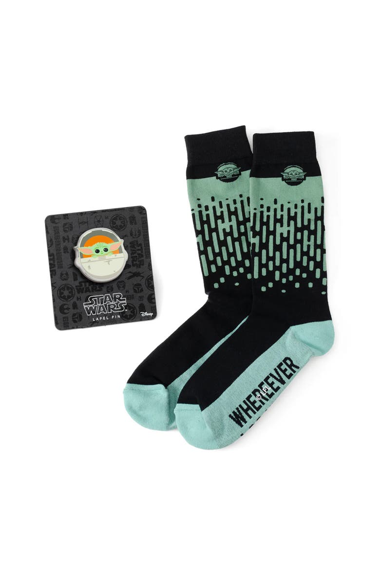 x Disney The Child Hidden Message Cotton Blend Dress Socks & Lapel Pin Set, Main, color, GREEN MULTI