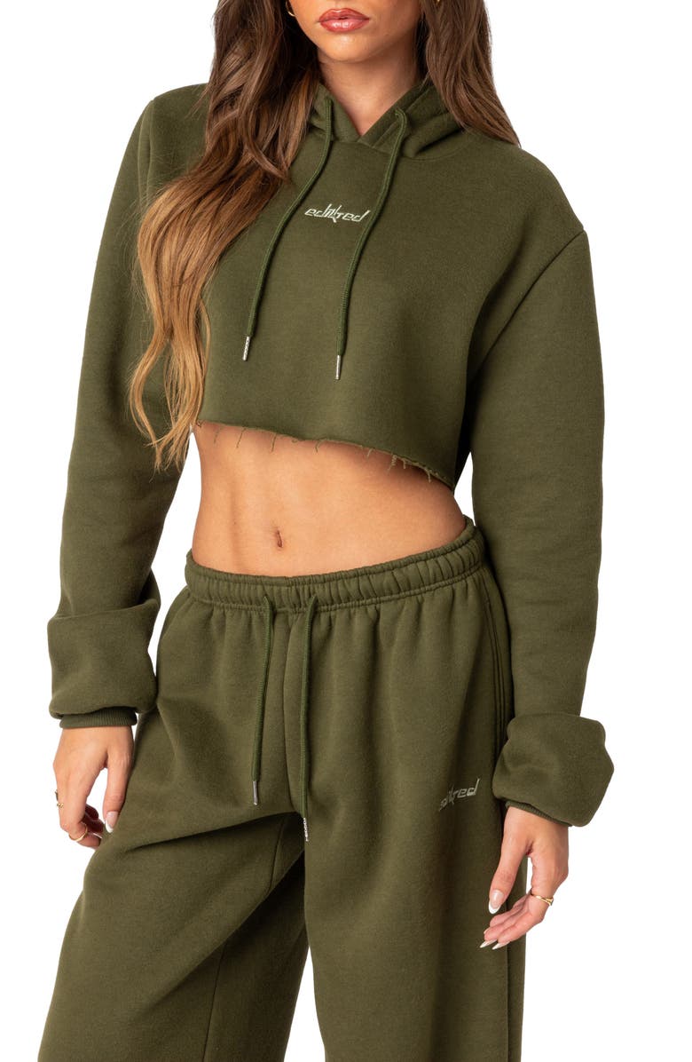 EDIKTED Breanna Cotton Blend Crop Hoodie, Alternate, color, Olive