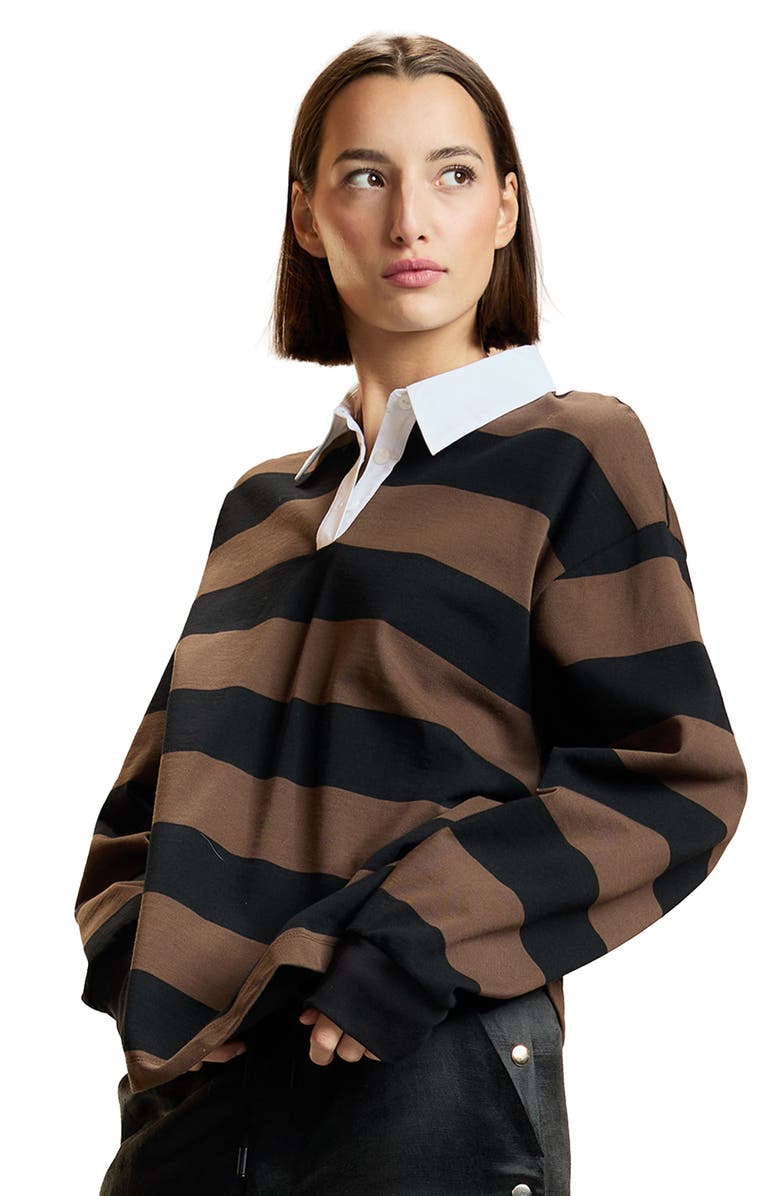 Cynthia Rowley Striped Cotton Rugby Shirt, Alternate, color, Black