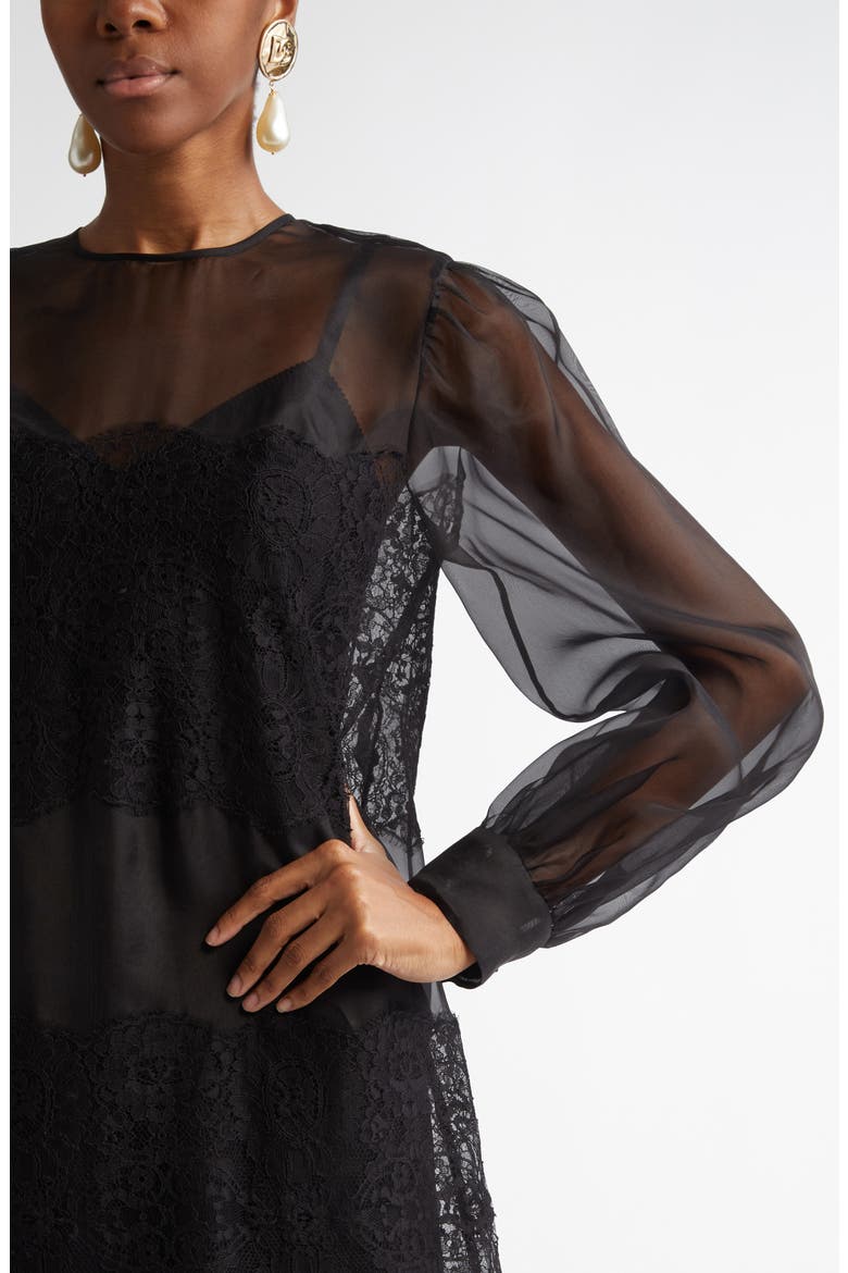 Lace Paneled Long Sleeve Sheer Silk Blend Organza Dress, Alternate, color, N0000 NERO
