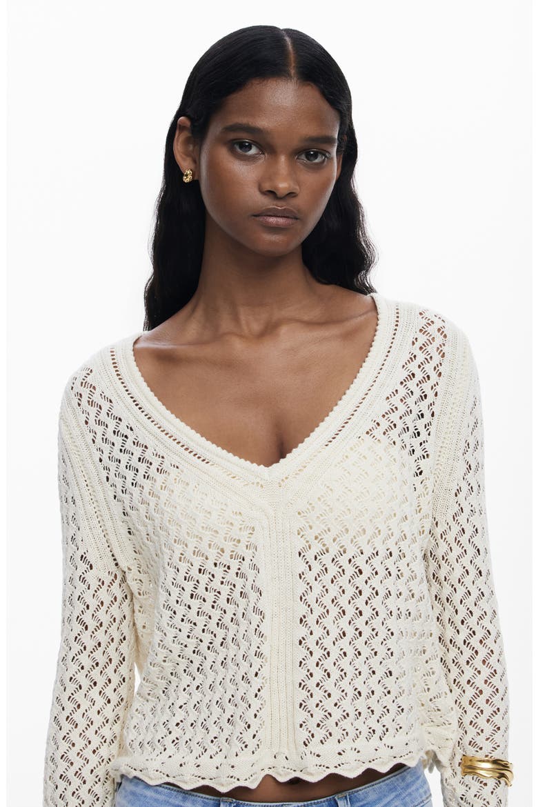 Open Stitch V-Neck Sweater, Alternate, color, IVORY