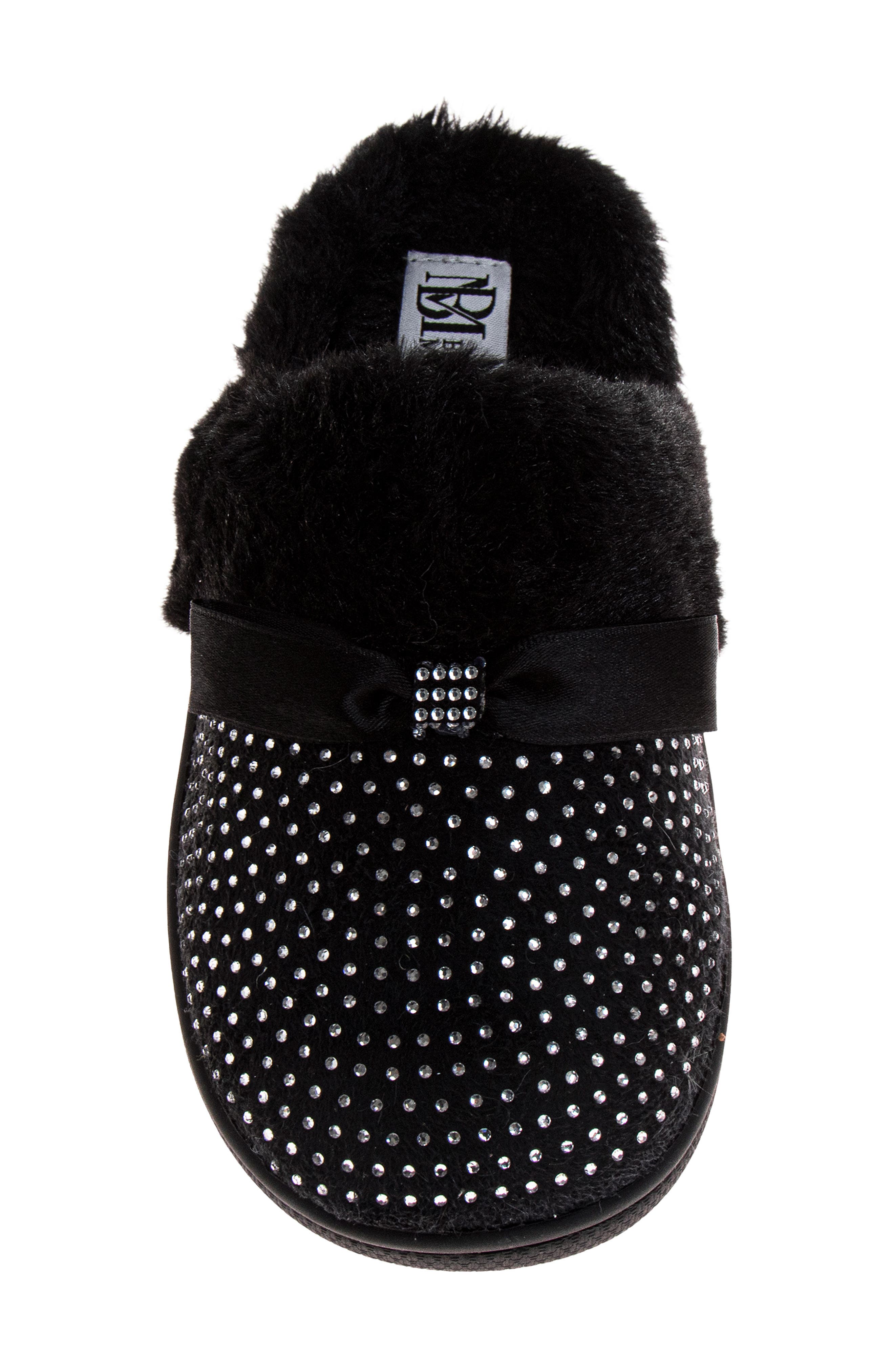 BADGLEY MISCHKA Faux Fur Rhinestone Scuff Slipper, Alternate, color, Black