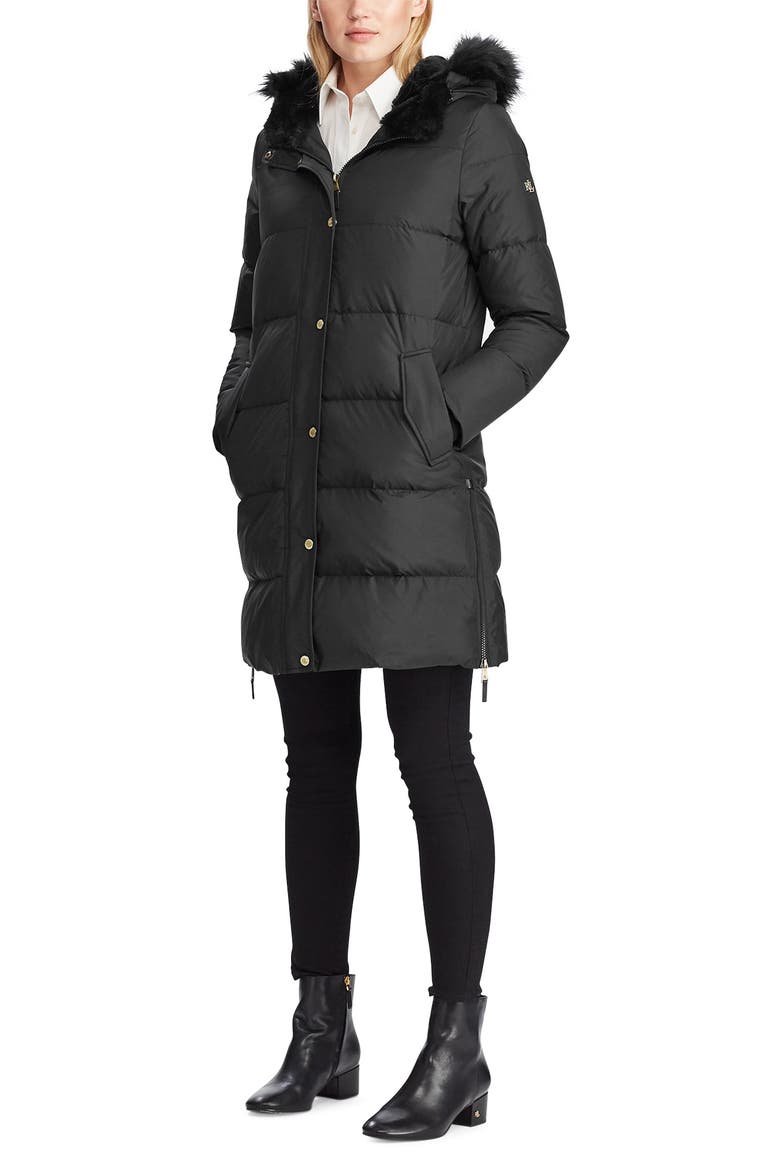Faux Fur Trim Quilted Hooded Down & Feather Parka, Alternate, color, BLACK