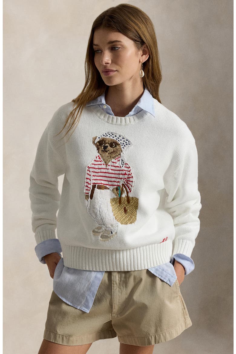 Polo Bear Crewneck Cotton Sweater, Alternate, color, WHITE MULTI