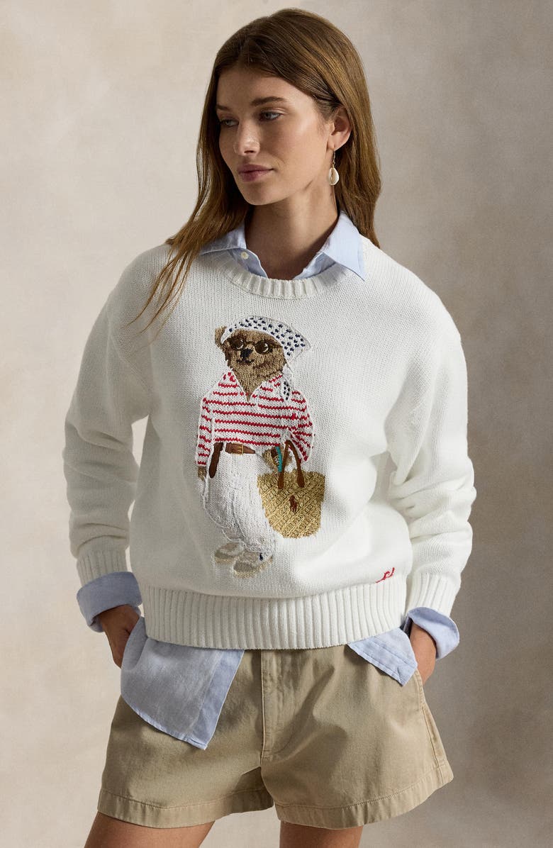 Polo Ralph Lauren Polo Bear Crewneck Cotton Sweater, Alternate, color, White Multi