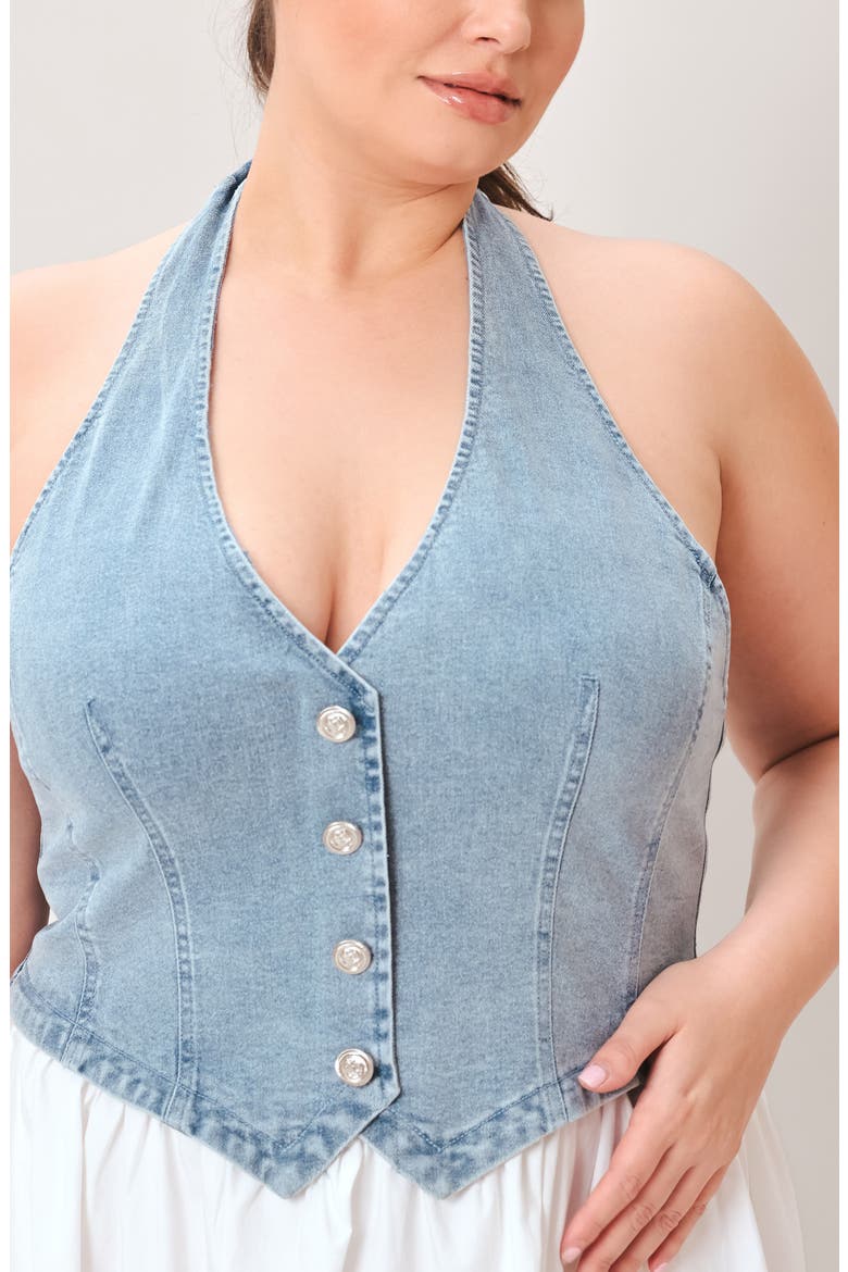 Halter Vest Mixed Media Maxi Dress, Alternate, color, DENIM/ WHITE