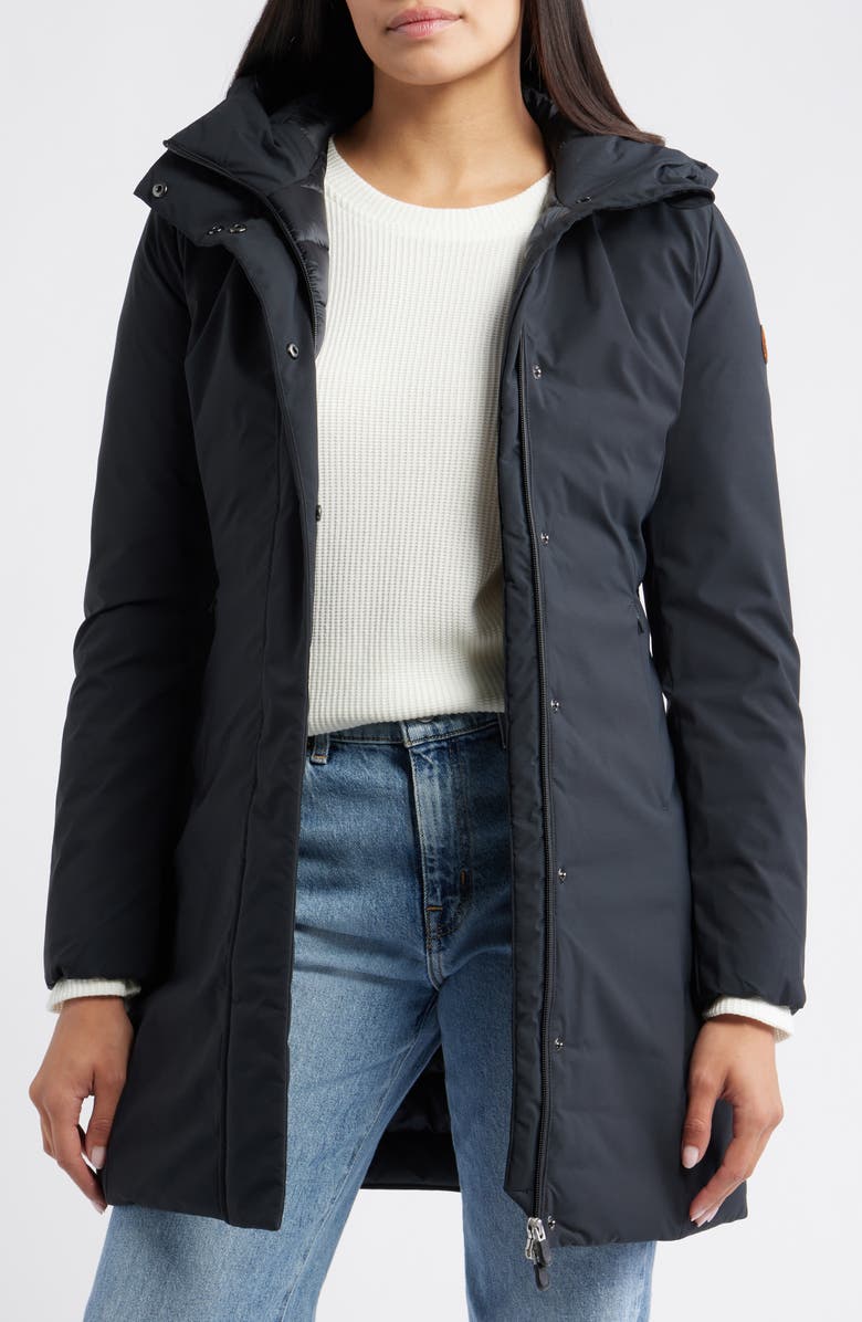 Save The Duck Leyla Water Resistant Recycled Polyester Hooded Coat, Alternate, color, Black