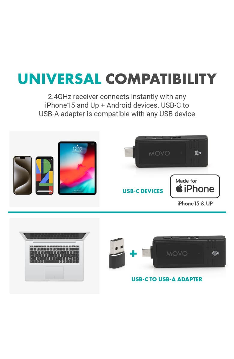 MOVO Wireless USB-C Microphone System for Android and iPhone 15 and Up, Alternate, color, Black