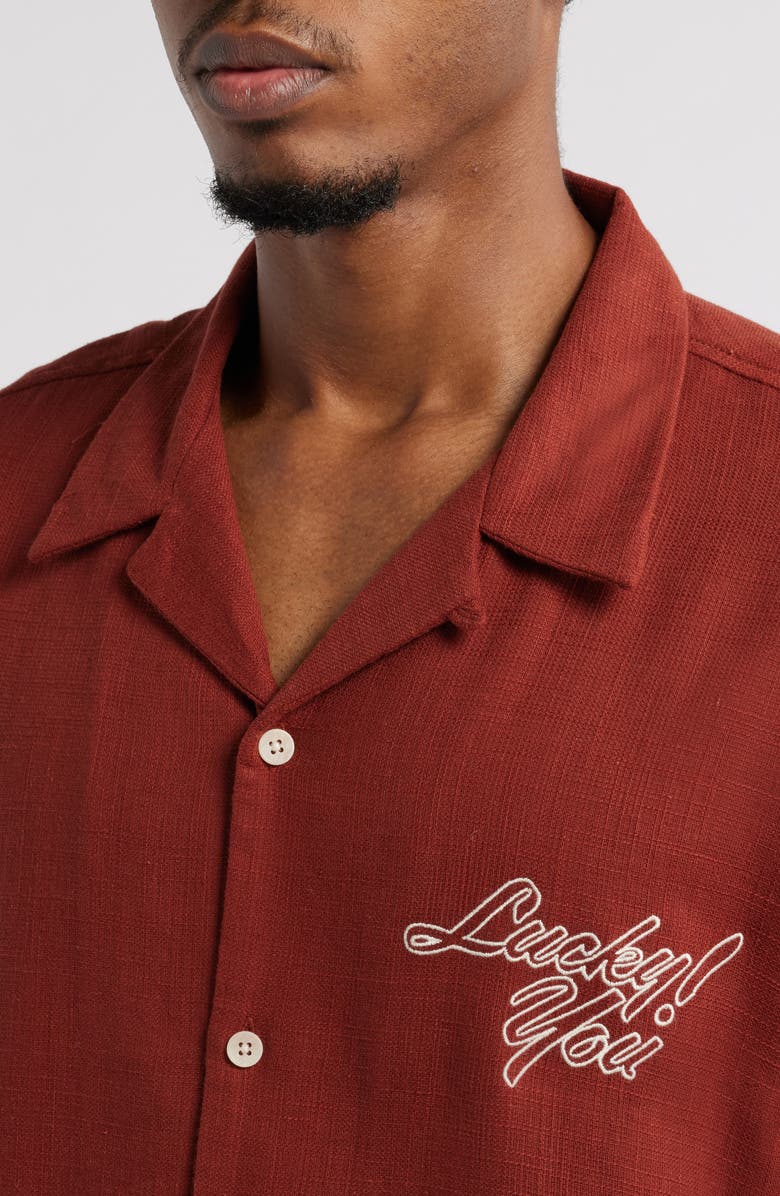 PacSun Oversize Embroidered Lucky You Camp Shirt, Alternate, color, 