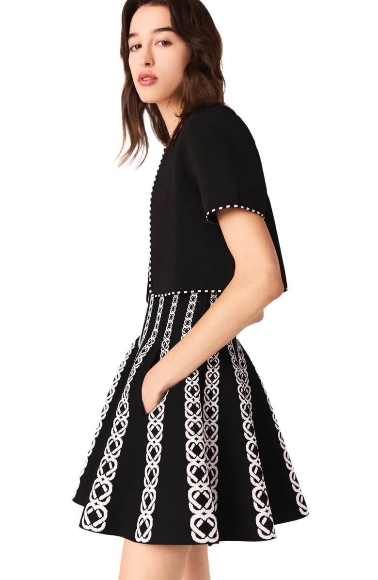 maje Cropped short sleeve cardigan, Alternate, color, Black/Ecru