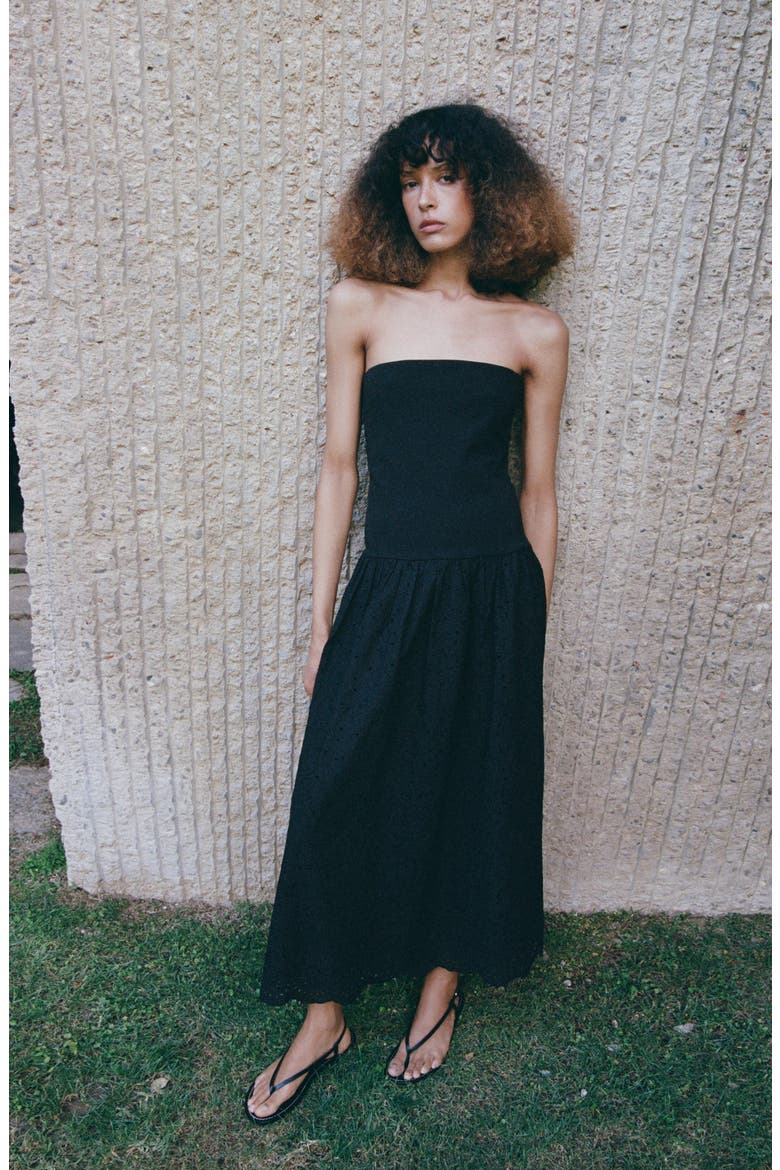 Embroidered Eyelet Strapless Maxi Dress, Alternate, color, BLACK