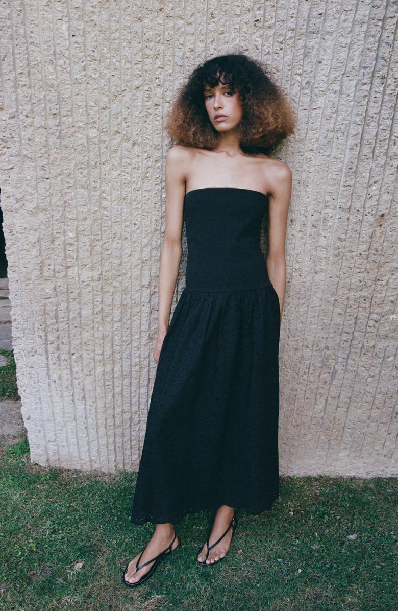 MANGO Embroidered Eyelet Strapless Maxi Dress, Alternate, color, Black