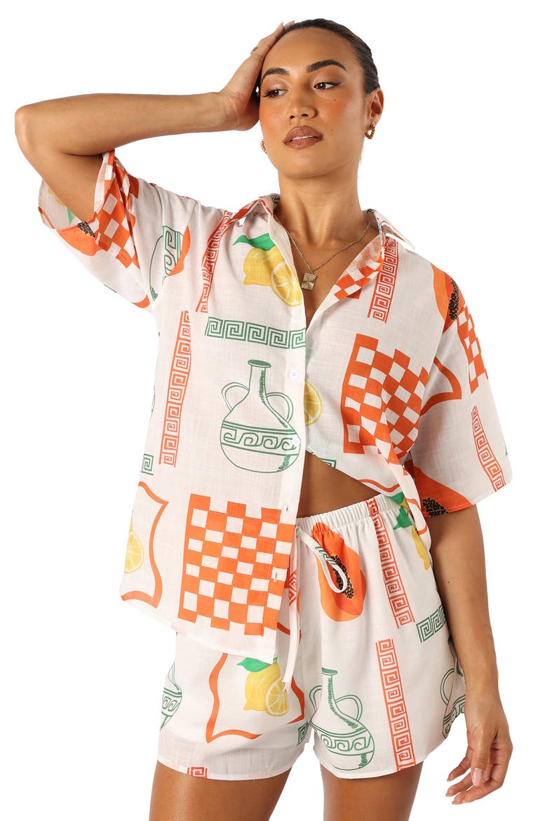Piccolo Print Button-Up Shirt & Shorts, Alternate, color, WHITE ORANGE